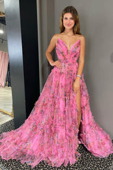 A-Line Sweetheart Floral Printed Tulle Prom Dress with Slit